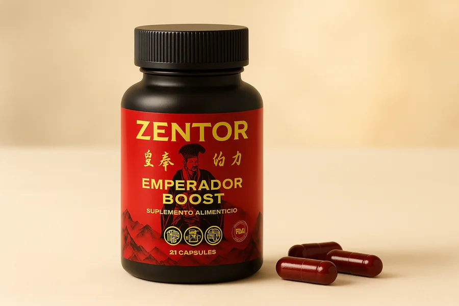 Frasco de Zentor Emperador Boost junto a cuatro cápsulas de gelatina